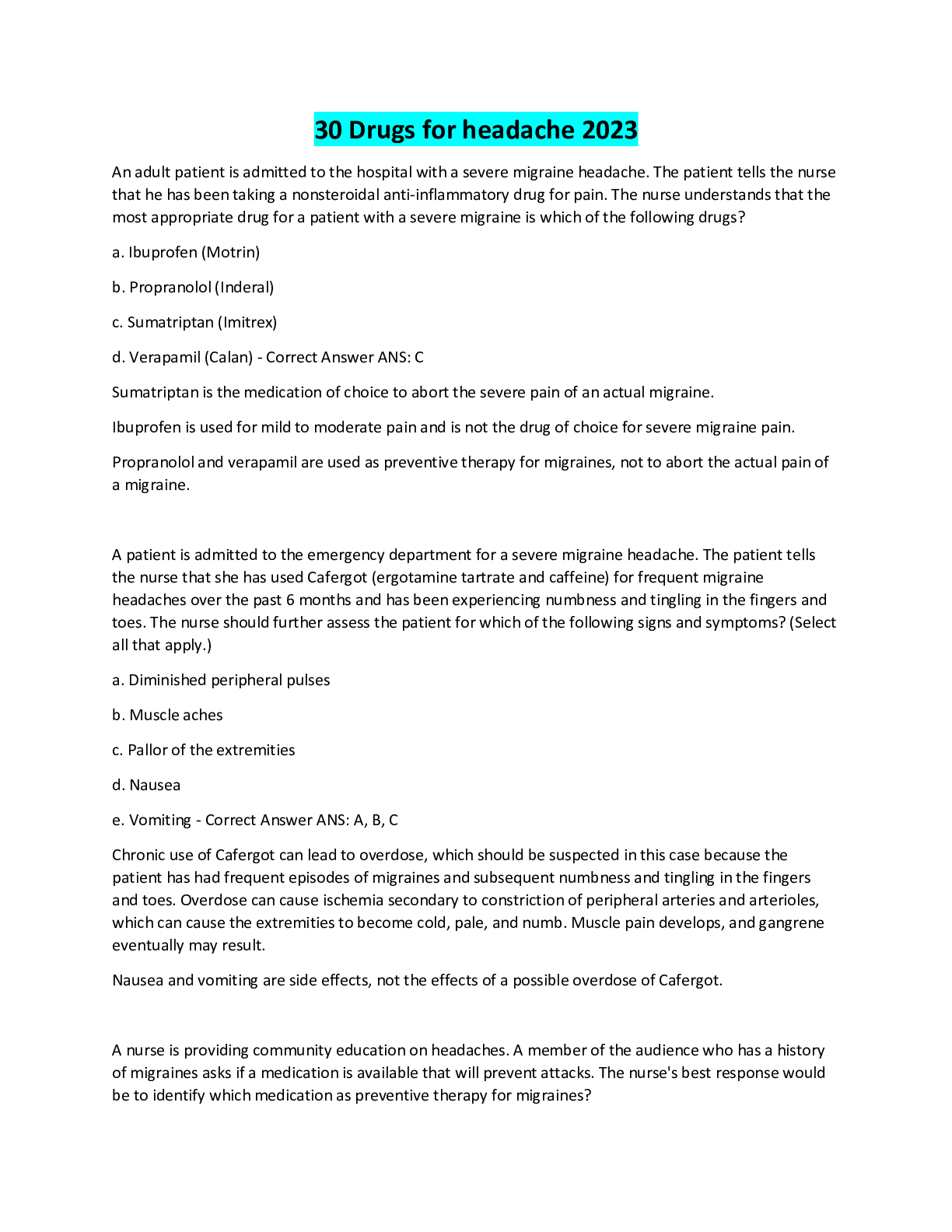 Preview image of 30 Drugs for headache 2023 document